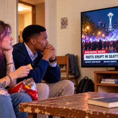 Two people watching a news event on a screen